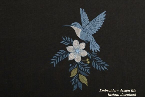 Blue Hummingbird Flying Floral Black Embroidery Review