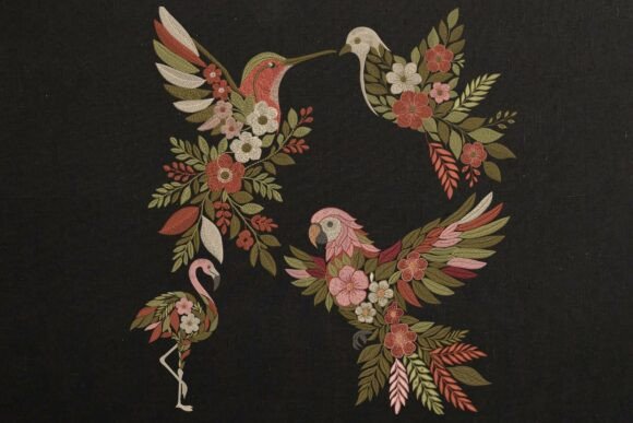 Set of 4 Floral Tropical Birds in Black